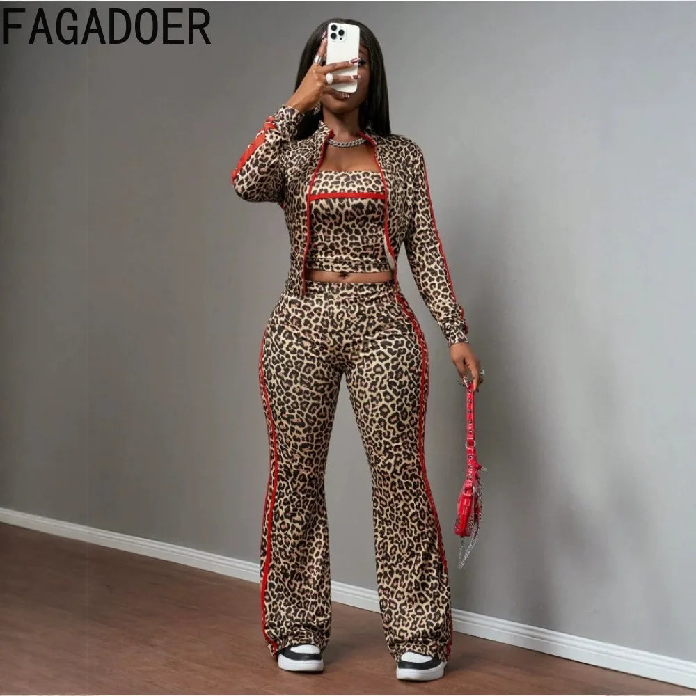 FAGADOER Women Leopard Print 3 Piece Outfit Tube Top Long Sleeve Zip Jacket High Waist Pants Sexy Y2K Clubwear Streetwear Set