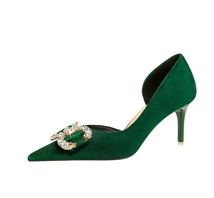 BIGTREE Party Pumps 7cm Thin High Heels Western Style Velvet Shallow Pointed Toe Side Hollow Crystal Pearl Bow Lady Shoes Pink