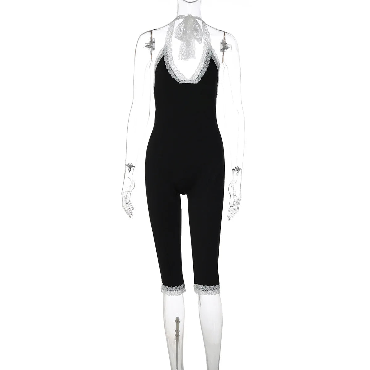 Joskaa Black Lace Trim Halter Capri Jumpsuits Women Sexy V-Neck Backless Sleeveless Bodycon Knee Length Rompers Y2K Streetwear
