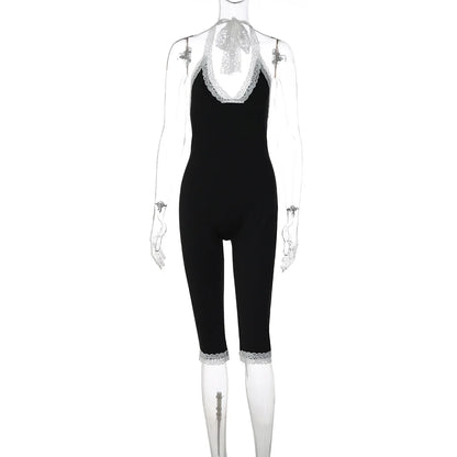 Joskaa Black Lace Trim Halter Capri Jumpsuits Women Sexy V-Neck Backless Sleeveless Bodycon Knee Length Rompers Y2K Streetwear
