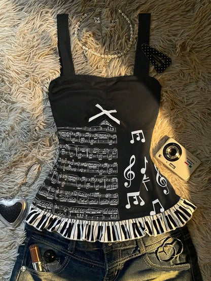Y2K Music Note Print Cami Top Women White Ruched Bust Bow Piano Key Ruffle Hem Slim Fit Sleeveless Summer Streetwear Tank Top