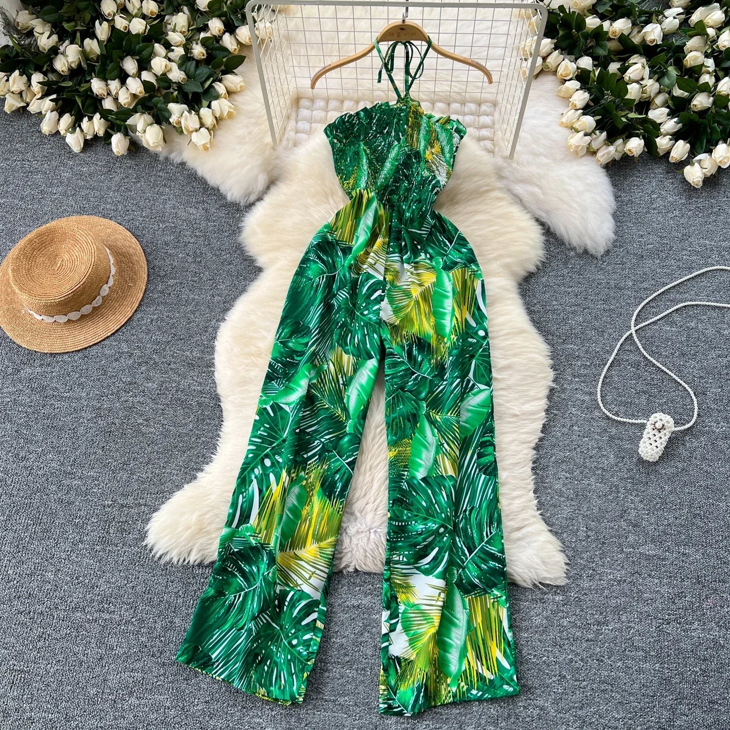 2024 New Summer Sexy Bohemian Leaf Print Jumpsuits Women Sleeveless Sexy Long Jumpsuit Mujer Casual Holiday Beach Rompers
