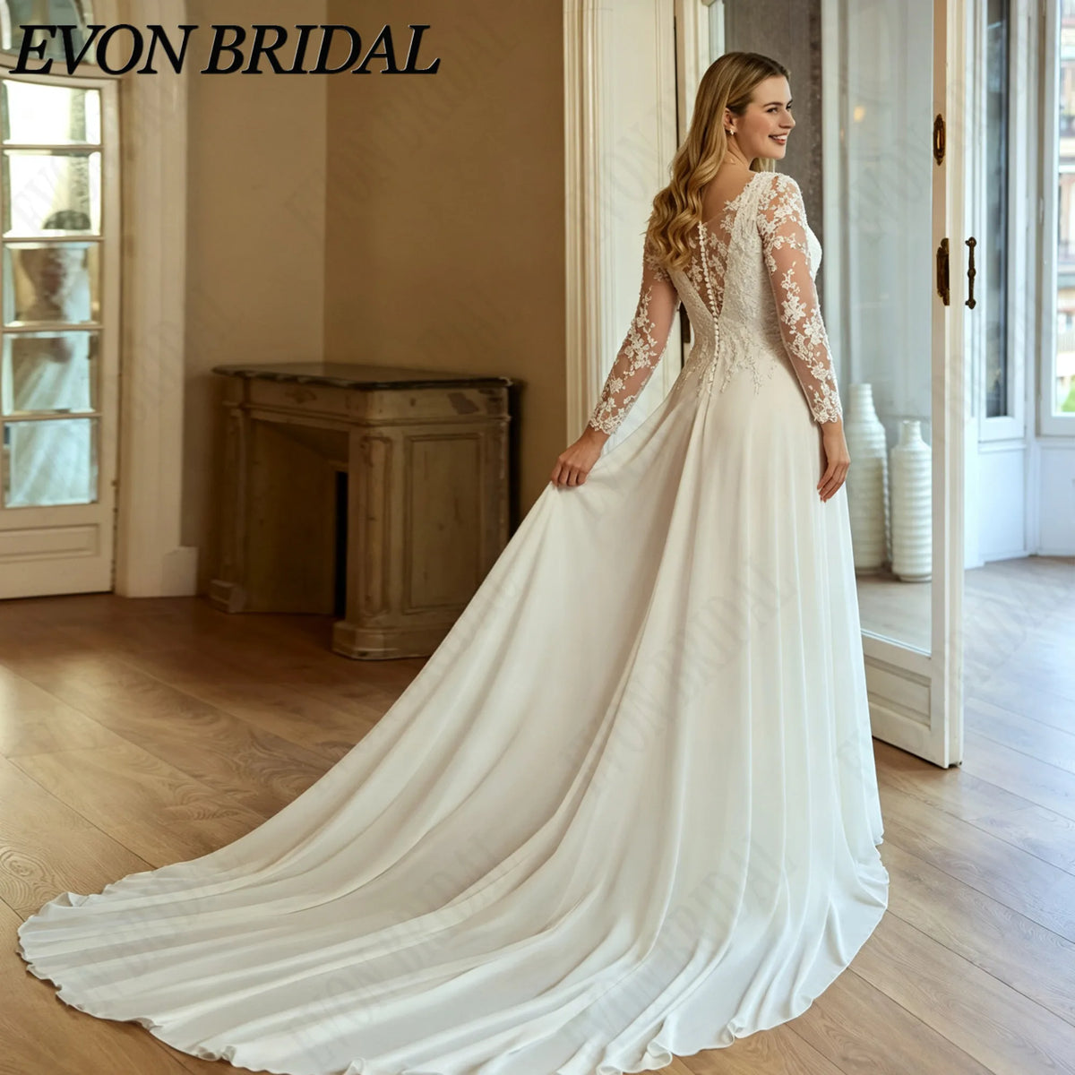 EVON BRIDAL Customized V-Neck Long Sleeve Wedding Dress Plus Size Lace Appliques Chiffon Bride Dresses A-Line Bridal Gown