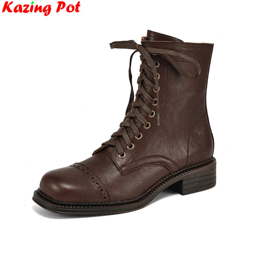 Krazing Pot Big Size 43 Chunky Med Heels Modern Motorcycles Boots Winter Autumn Brand  Luxury Vintage Classics Women Ankle Boots