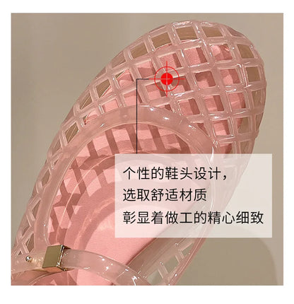 Women's Light Luxury Crystal Jelly Mary Jane Flat Sandals Hollow-out Breathable Closed Toe Summer Casual Non-slip Slip-on Shoes