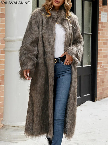 2026 Winter Stand Collar Faux Fur Long Coat Women Elegant Long Sleeve Fluffy Plush Jacket Lady Casual Thick Warm Furry Outwear