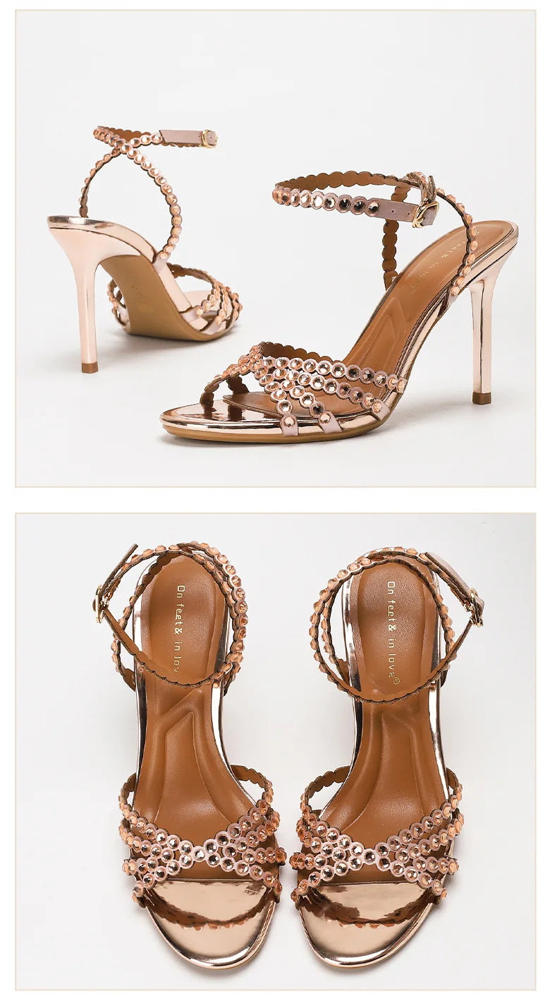 Luxury Crystal Cross Tied High Heel Sandals Women Sexy Open-toe Ankle Strap Buckle Stiletto Sandals Elegant Banquet Dress Shoes