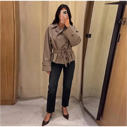 Plaid Cropped Trench Coat Lapel Collar Double Breasted Belted Waist Long Sleeve Women All-match Coats 2026 Autumn Commute Outfit