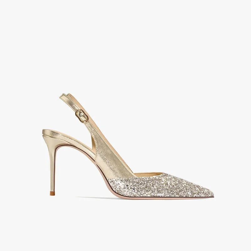 2025 New Summer Luxury Heeled Sandals Gold Sequins Back Strap Pointed Toe Stiletto Pumps Elegant Comfortable Prom Women's Shoes