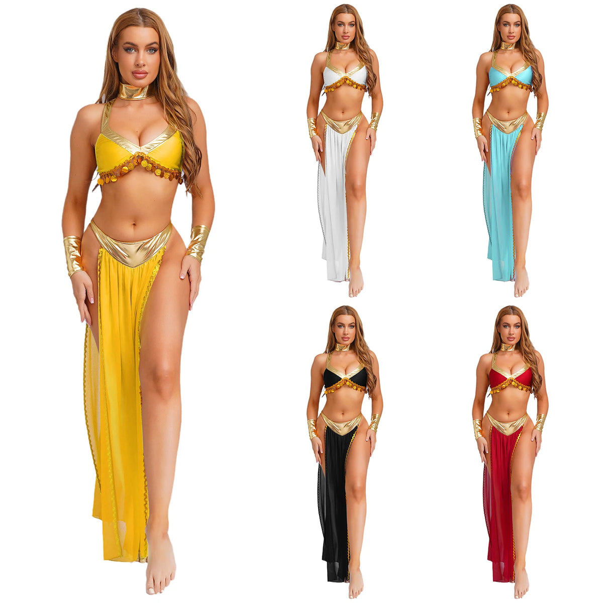 Women Ancient Egyptian Queen Cosplay Outfits with Collar Crop Top with Chiffon Skirt Metallic Shiny Indian Belly Dance