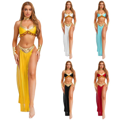 Women Ancient Egyptian Queen Cosplay Outfits with Collar Crop Top with Chiffon Skirt Metallic Shiny Indian Belly Dance
