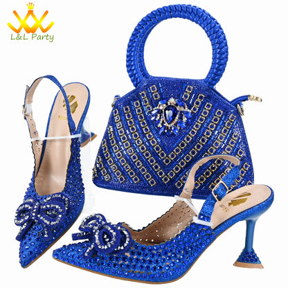 Orange Color New Arrivals Italian Design Nigerian Women Shoes and Bag Set Pointed Toe Slipper with Shinning Crystal for Party