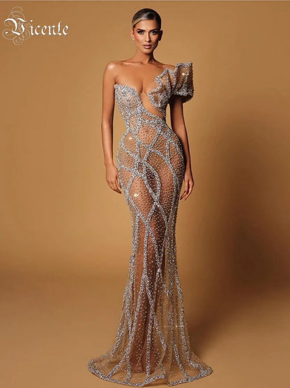 VC Glamorous One-shoulder Sleeveless Beige Crystal Embellished Dress Party Evening Gown