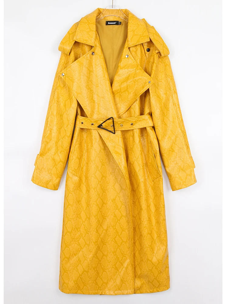 Nerazzurri Spring Autumn Long Oversized Colorful Snakeskin Print Patent Leather Trench Coat for Women Belt Runway Fashion 2022