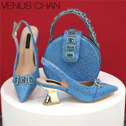 Newest Style Teal Sky Color Platform Design Peep Toe Ladies Shoes Matching Bag Set For Mature Women Heel Party Pump