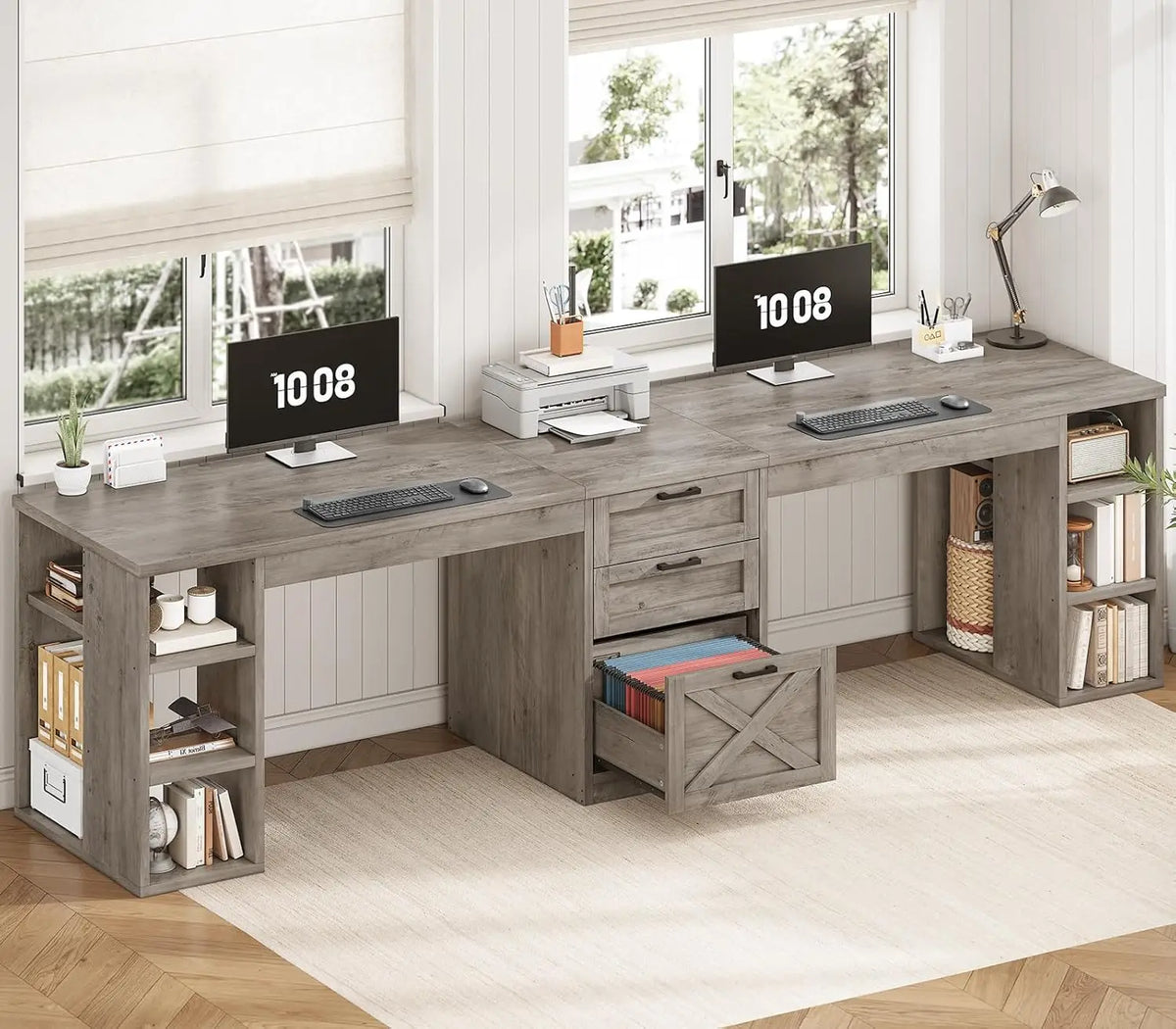 Farmhouse 96.5" 2 Person Computer Desk with Drawers for Home Office | Gaming Double Desk with Storage Shelves, Long Two, Custom