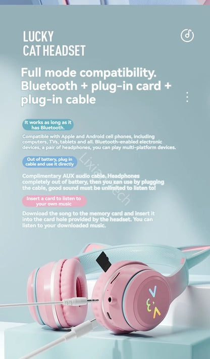 GRB Glow Gaming Headset Gamer Stereo Bass Cat Ear Wireless Earpods Bluetooth Earphones TYPE-C Cable Headphones Blutooth Handfree
