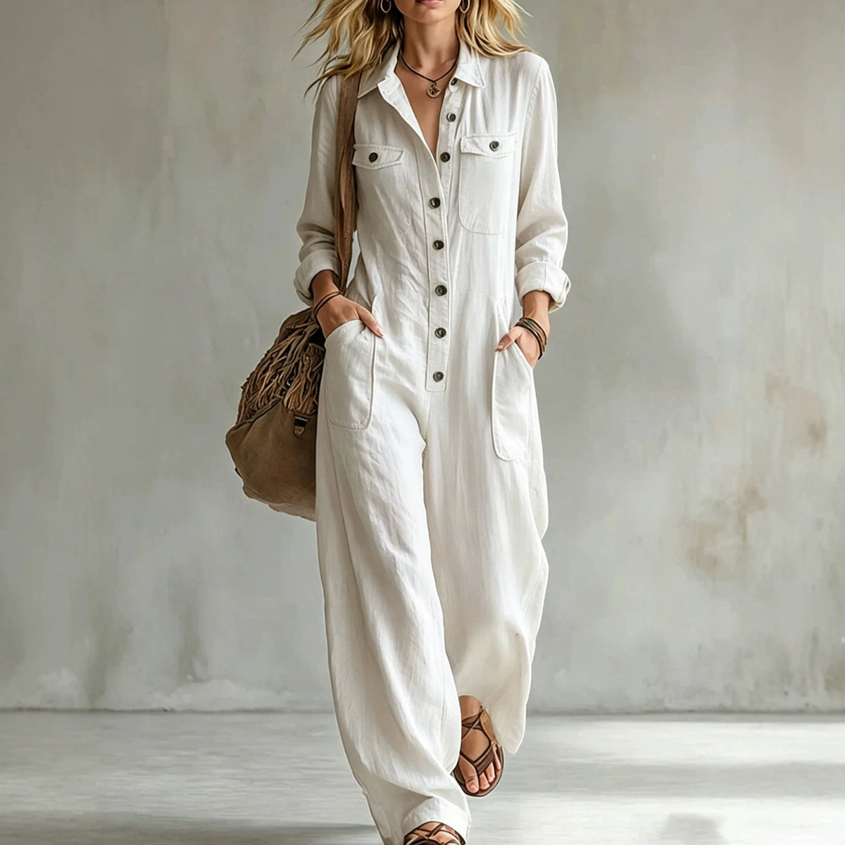 Retro Lapel Buttoned Pocket Solid Loose Commuting Pocket Jumpsuit Women Autumn New Vacation All-match Jumpsuits Women's Clothing