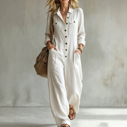 Retro Lapel Buttoned Pocket Solid Loose Commuting Pocket Jumpsuit Women Autumn New Vacation All-match Jumpsuits Women's Clothing