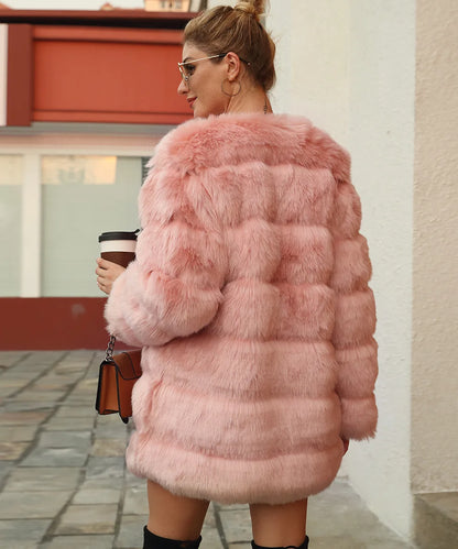 2026 Winter Long Sleeve Faux Fur Long Coat Women Elegant Pink Fluffy Outwear Jacket Lady Solid Casual Thick Warm Furry Outwear