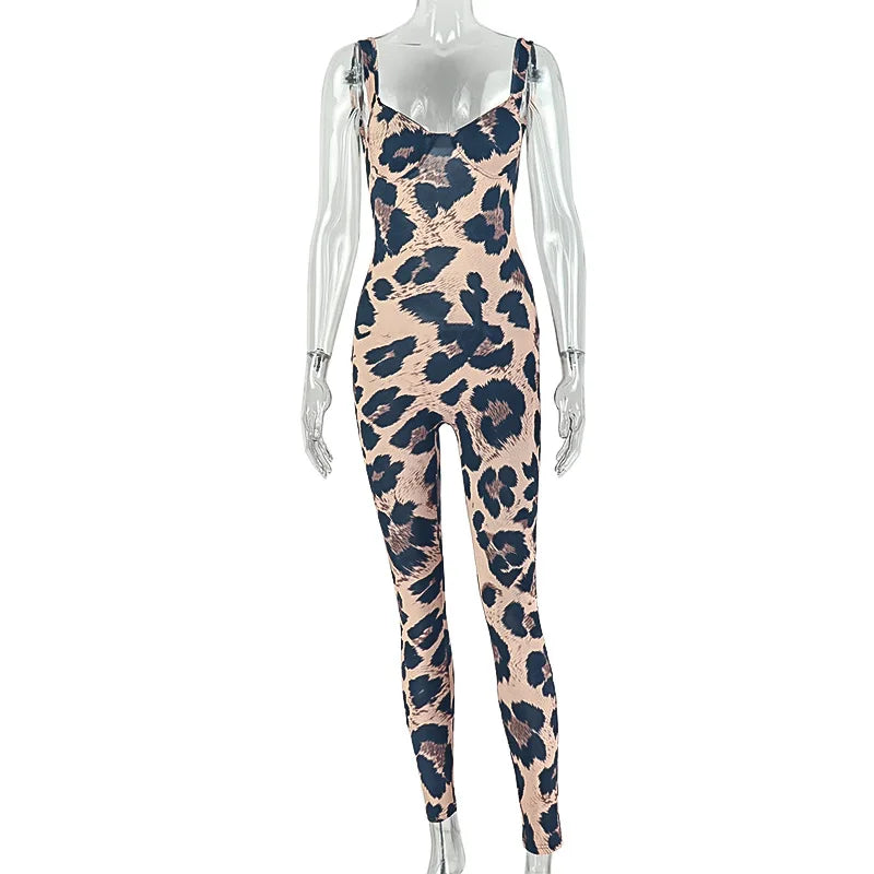 FAGADOER 2026 Sexy Leopard Print Bodycon Jumpsuits Women Fashion Spaghetti Strap Backless Rompers Streetwear Club Playsuits New