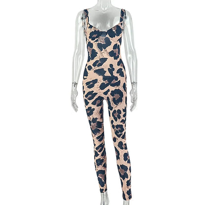 FAGADOER 2026 Sexy Leopard Print Bodycon Jumpsuits Women Fashion Spaghetti Strap Backless Rompers Streetwear Club Playsuits New