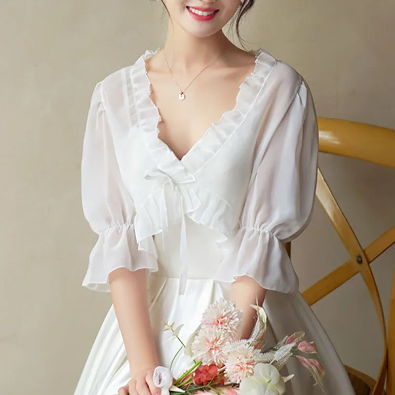 Spring, Summer, and Autumn Chiffon Lace Up Shirt, Shawl, Camisole, Thin Design, Sexy Solid Color, Loose Fit, Sweet Matching, Wed