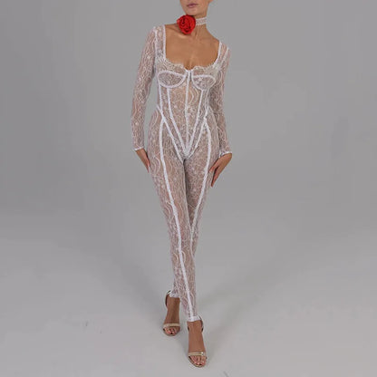 Cryptographic Sheer Lace Hollow Out Sexy Jumpsuits Zip Up Backless Outfits Women Unitards Square Neck Romper Overalls One Piece
