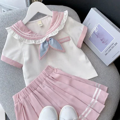 2024 Summer Kawaii Shirt Pleated Skirt Girls Clothing Cute Blue Pink Short Sleeve JK Student Uniform 2 Pieces 4 To 15 Years Old