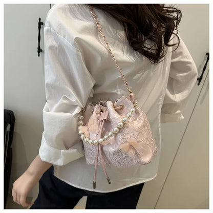 Sweet Butterfly Women Drawstring Bucket Shoulder Bags Versatile Ladies Crossbody Bag Clutch Fashion Girls Pearl Chain Handbags