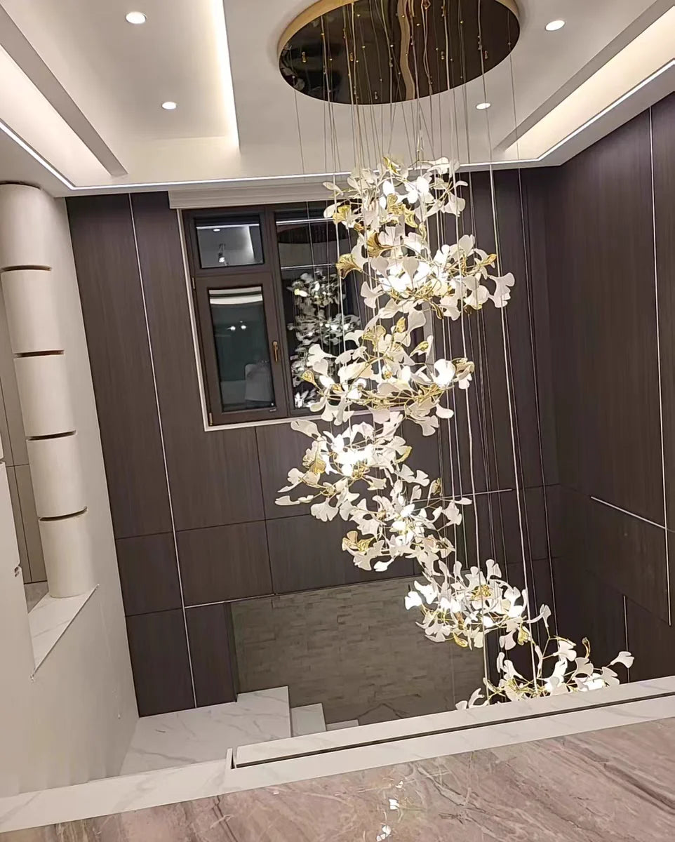 Staircase Ginko Leaf Chandelier Light For High Ceiling Staircase Loft Living Room Hotel Lobby Stairway Luxury Branch Chandeliers