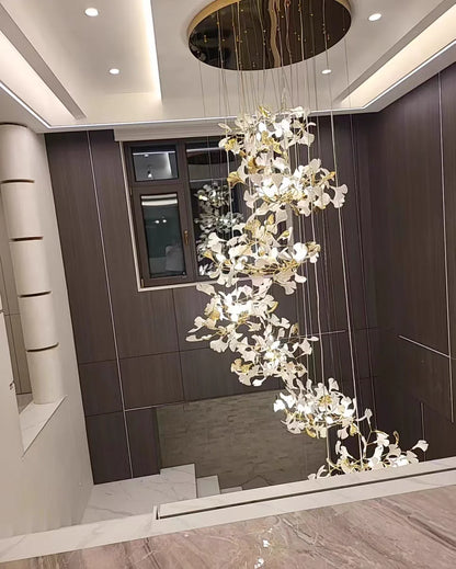 Staircase Ginko Leaf Chandelier Light For High Ceiling Staircase Loft Living Room Hotel Lobby Stairway Luxury Branch Chandeliers