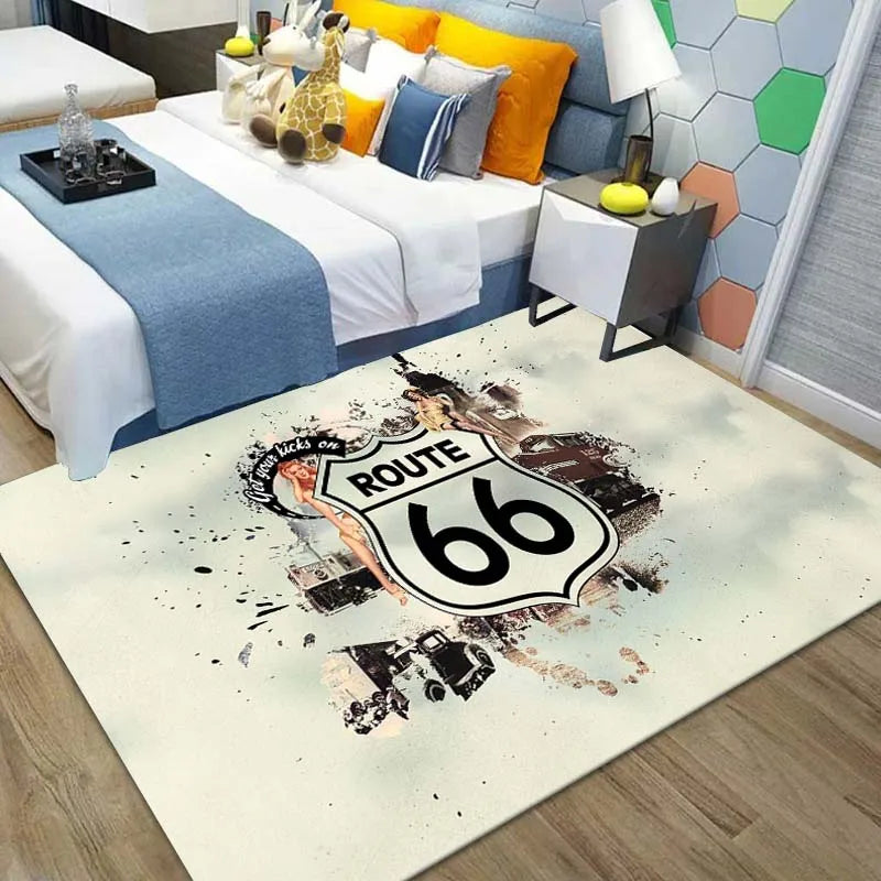 Route 66 Motorcycle Pattern Print Flannel Area Rug Americana Theme Soft Comfortable Floor Mat For Living Room Bedroom