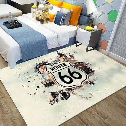 Route 66 Motorcycle Pattern Print Flannel Area Rug Americana Theme Soft Comfortable Floor Mat For Living Room Bedroom