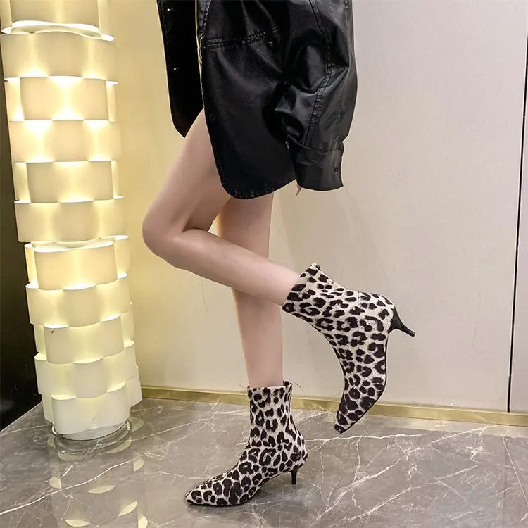 Brand Design Leopard Elastic Boots Women 2025 Winter Sexy Pointed Toe High Heel Party Boots Womens Dress Pumps Fashion Booties