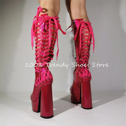 Rainbow Lace-Up Chunky Platform Hollow Out Women Long Boots Summer Cool Knee High Boots Ladies High Heel Gladiator Sandals