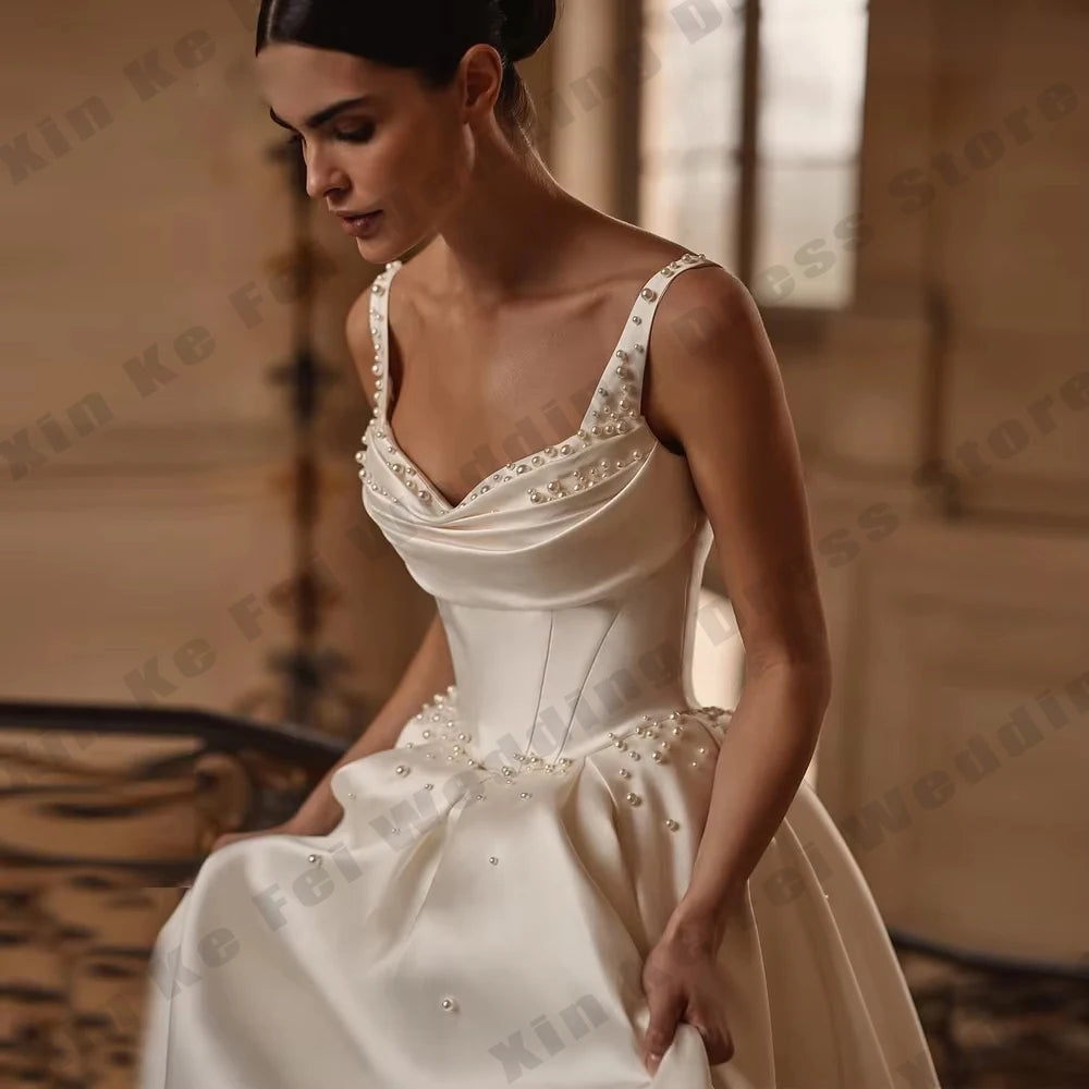 Gorgeous Women Pearls A-line Wedding Dresses Spaghetti Straps Bride Gown Backless Bride Dresses Bridal Gowns Vestidos Customized
