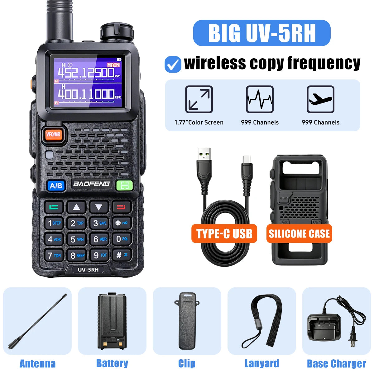 Baofeng UV5RH Walkie-Talkie, NewWireless Copy Model, Type-C NOAA Long Range 999CH, Car-Mounted Handheld Transceiver, Fleet