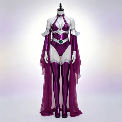 Starfire Cosplay Superhero Costume Purple Metallic Bodysuit Cape Outfit Women Cosplay Jumpsuit Halloween Party Performance Suit