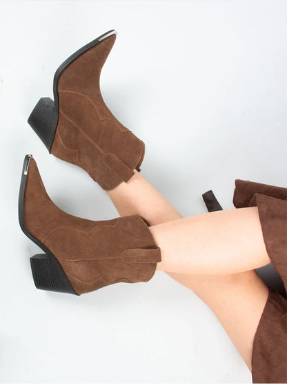 GMQM 2025 Women's Comfort Ankle Booties Brown Cowboy Western Boots Metal Heels Block Wide Calf Pointed Toe Slip On Casual Shoes