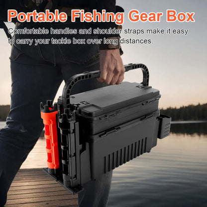 2 Tier Fishing Tackle Box Fishing Gear Box with Cup & Rod Holder Fishing Gear Carry Case Fishing Tool Box Fishing Accessories