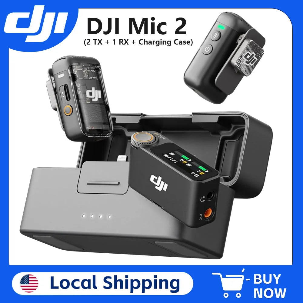 DJI Mic 2 (2 TX + 1 RX + Charging Case), All-in-one Wireless Microphone, Intelligent Noise Cancelling, 32-bit Float Internal Recording, 250m (820 ft.) Range, Microphone for iPhone, Android, Camera
