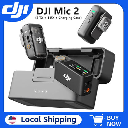 DJI Mic 2 (2 TX + 1 RX + Charging Case), All-in-one Wireless Microphone, Intelligent Noise Cancelling, 32-bit Float Internal Recording, 250m (820 ft.) Range, Microphone for iPhone, Android, Camera
