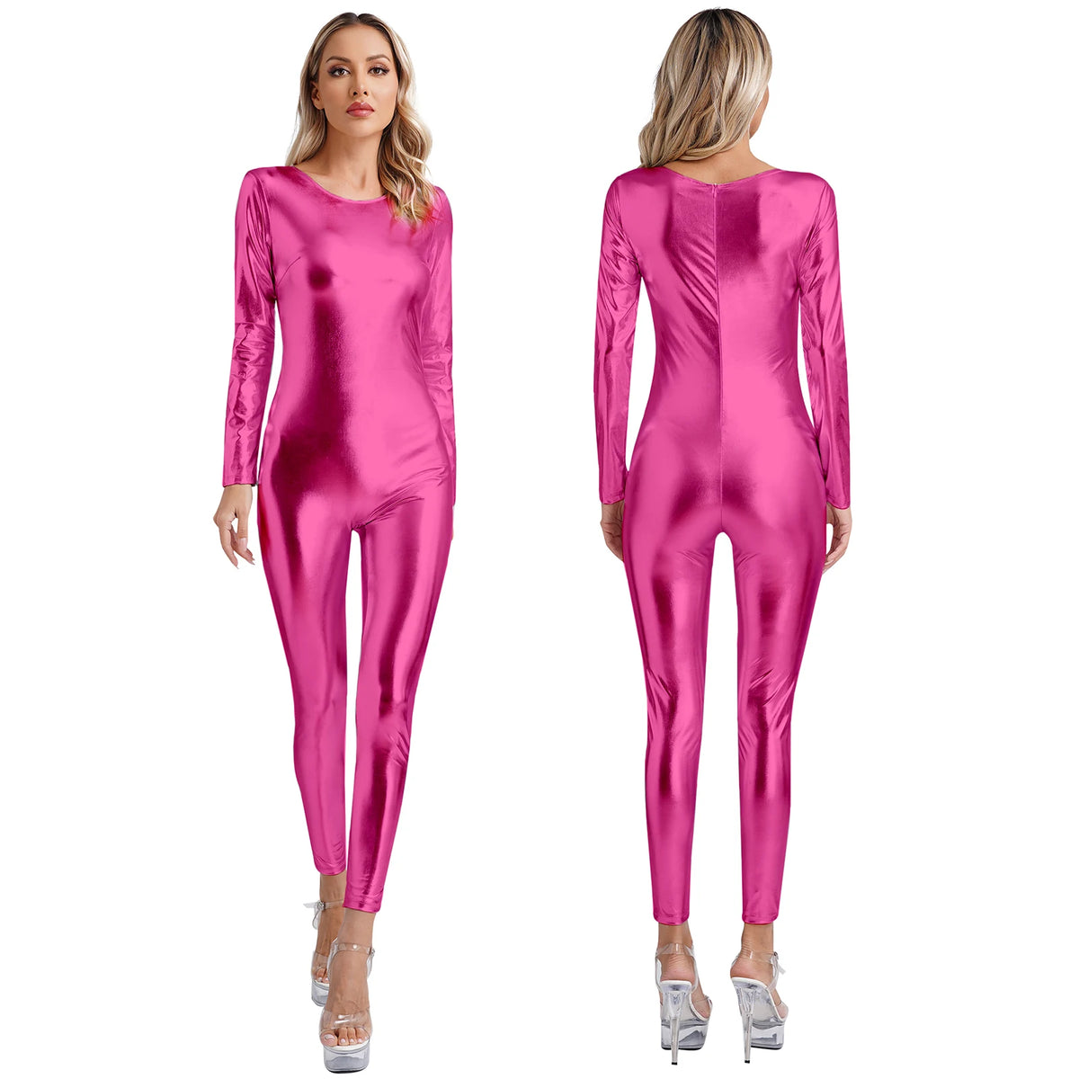Womens Metallic Shiny Bodysuit Clubwear Long Sleeve Slim Fit Full Body Jumpsuit Nightclub Rave Party Musci Festival Costumes