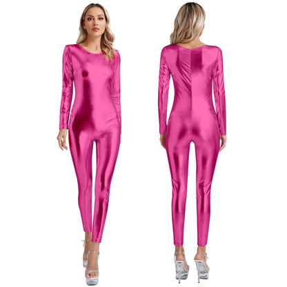 Womens Metallic Shiny Bodysuit Clubwear Long Sleeve Slim Fit Full Body Jumpsuit Nightclub Rave Party Musci Festival Costumes