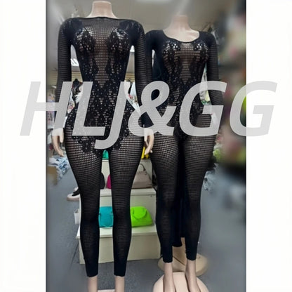 HLJ&GG Black Sexy High Quality Stretchy Knit See Though Bodycon One Piece Jumpsuits Women Long Sleeve Slim Playsuits Streetwear