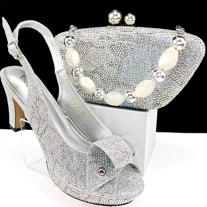 Nigeria Women's Open Toe High Heels Package Set Leopard Colorblocking Hot Rhinestones Fashion Sexy High Heels