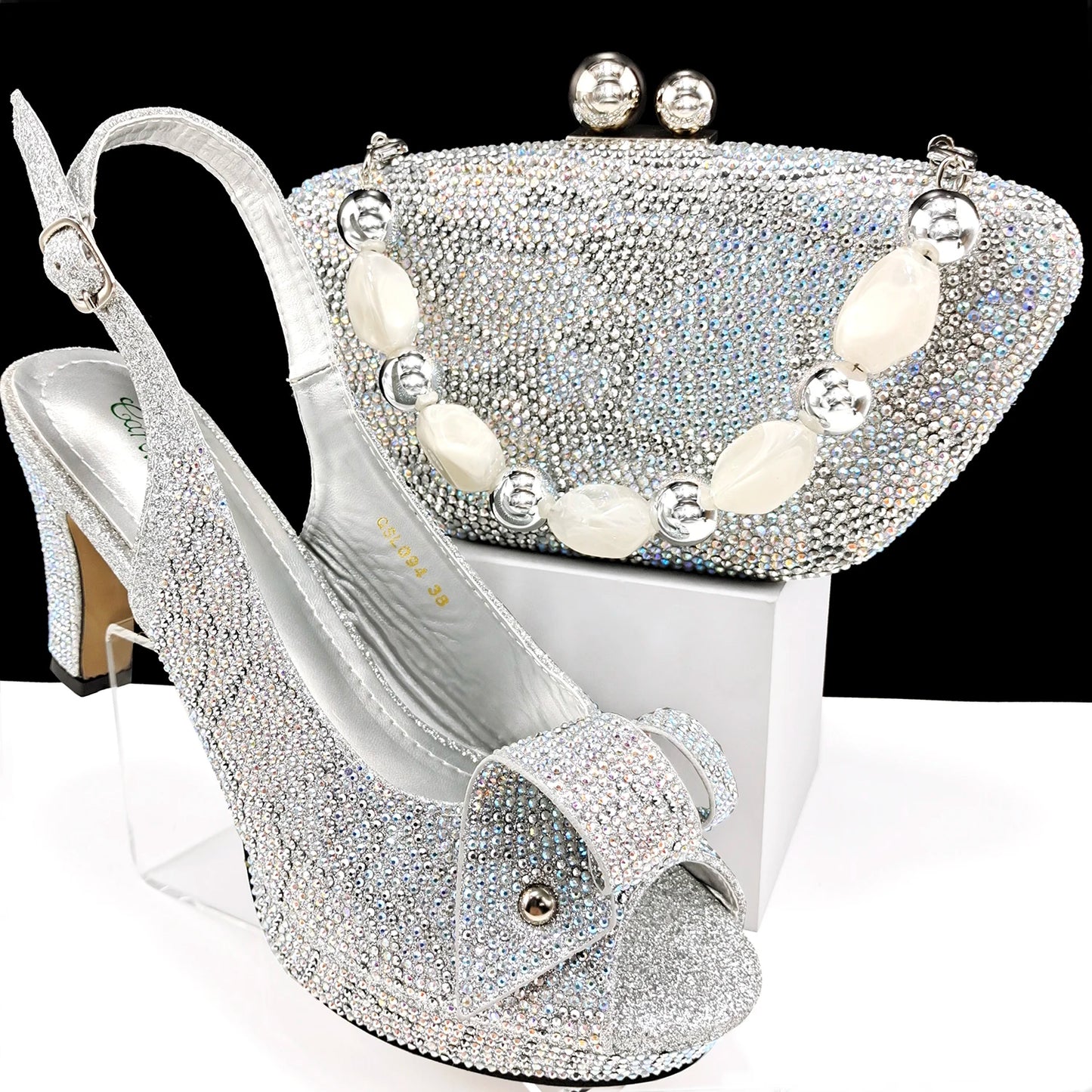 Nigeria Women's Open Toe High Heels Package Set Leopard Colorblocking Hot Rhinestones Fashion Sexy High Heels