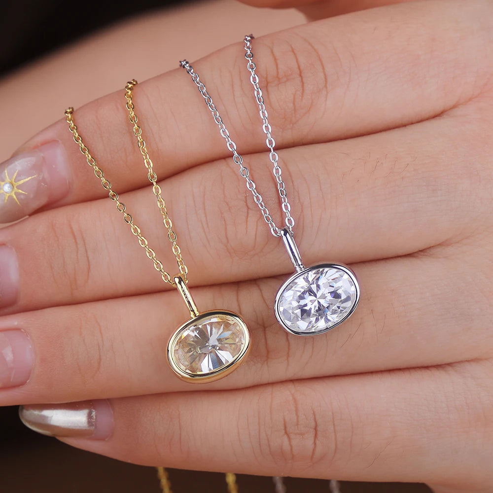 Bezel Set 2-4Carat East West Oval Cut Moissanite Pendant Necklace for Women S925 Silver 18k Gold Plated Neck Chain Jewelry Gift