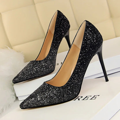 Women 7cm 9.5cm High Heels Pumps Wedding Bridal Scarpins Sparkly Mid Heels Lady Party Sequins Glitter Evening Gold Silver Shoes